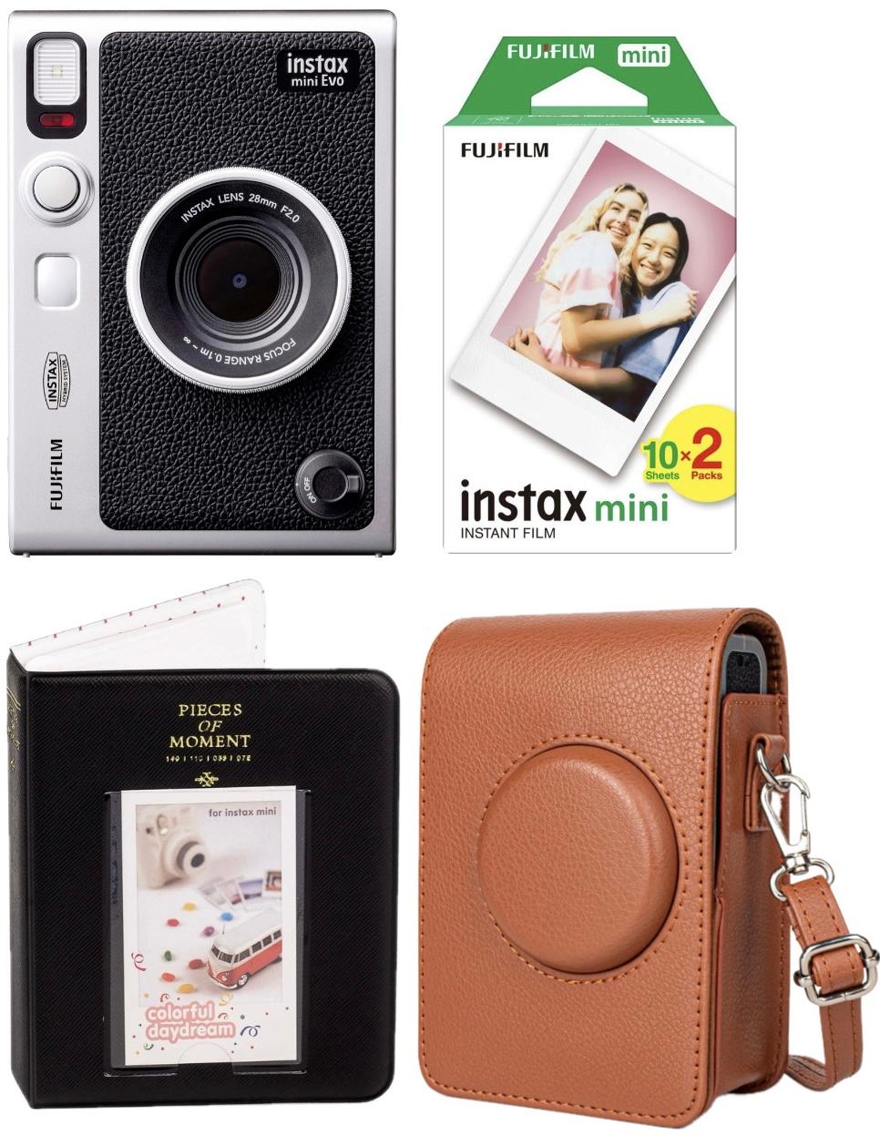 Набір Fujifilm INSTAX MINI EVO Hybrid Black Чорна Фотокамера миттєвого друку / Фотопапір 20 фото / Чохол коричневий / Альбом 64 фото