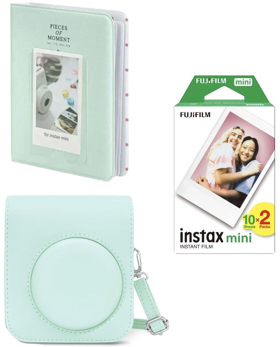 Подарунковий набір аксесуарів для Фотокамери Миттєвого Друку Fujifilm Instax Mini 12 / Instax Mini 11 / Instax Mini 9: Фотопапір 20 фото /Фотоальбом 64 фото / Чохол Mint Green (Мʼятно-зелений)
